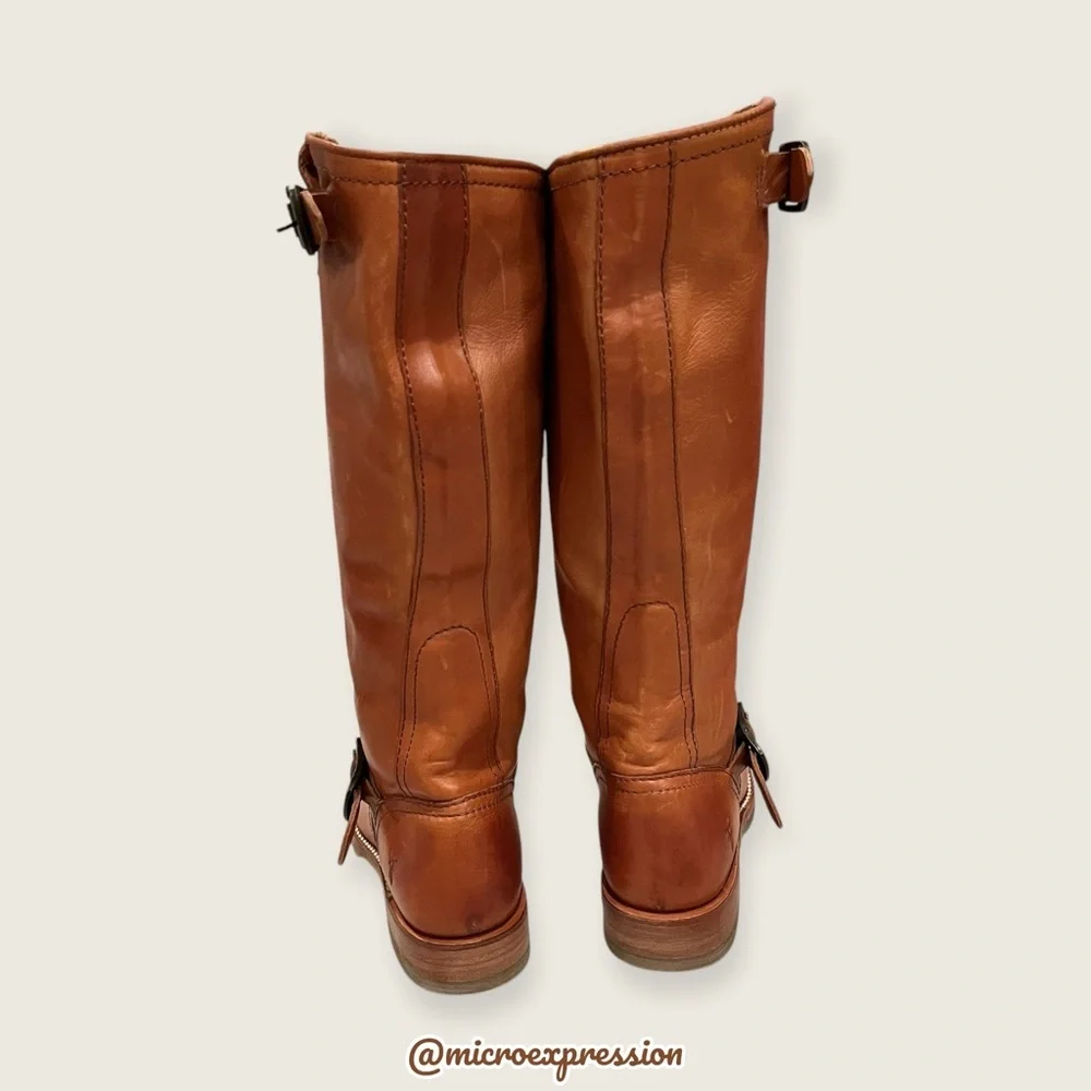 $399 Frye Veronica Slouch Cognac Brown Tan Leather Engineer Moto Tall BuckleBoot